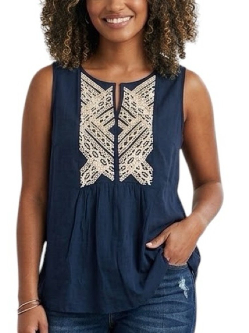 SPENSE Nordstrom Boho Crochet Sleeveless Blouse Denim Blue Top M